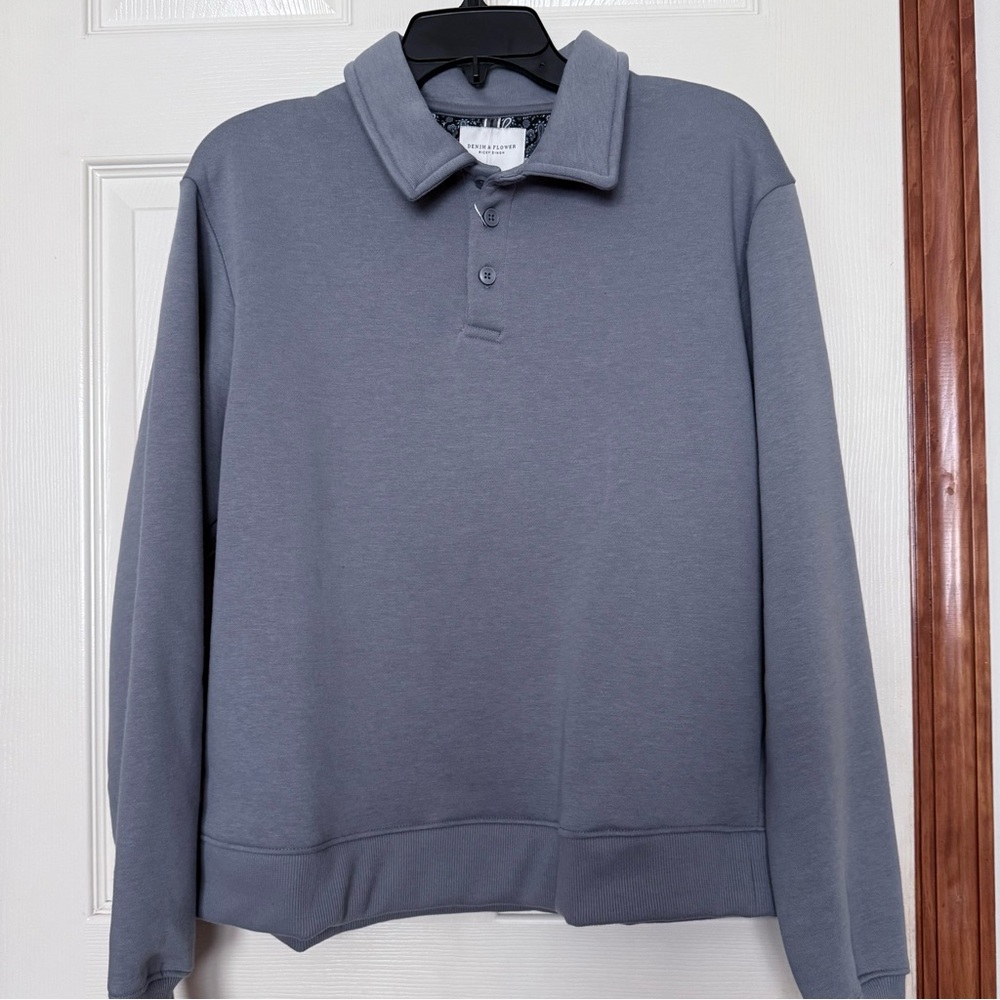 Denim & Flower Collared Pullover in Slate Blue-Gray